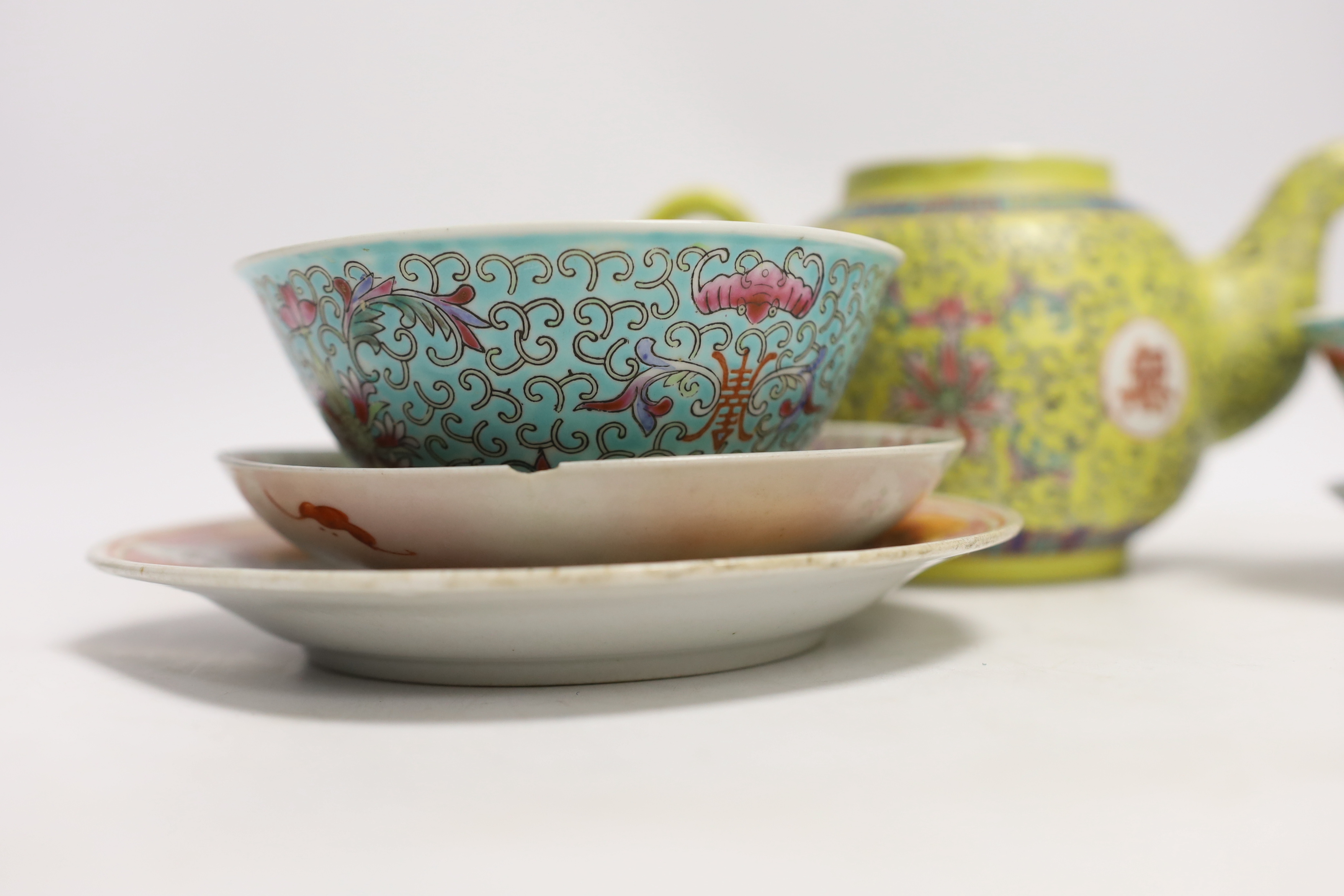 Six Chinese ceramic items; a teapot, two bowls and three small dishes, teapot 10cm